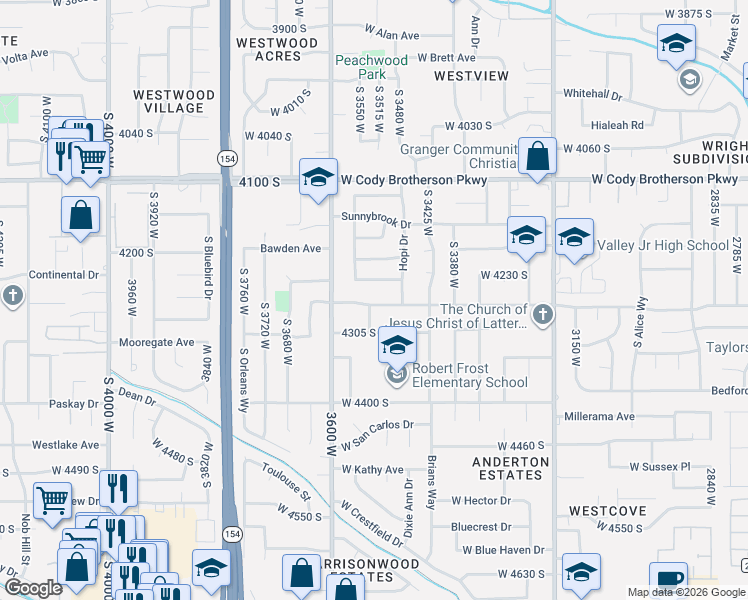 map of restaurants, bars, coffee shops, grocery stores, and more near 3524 West Meadowbrook Drive in West Valley City