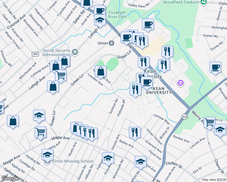 map of restaurants, bars, coffee shops, grocery stores, and more near 929 Woodland Avenue in Union