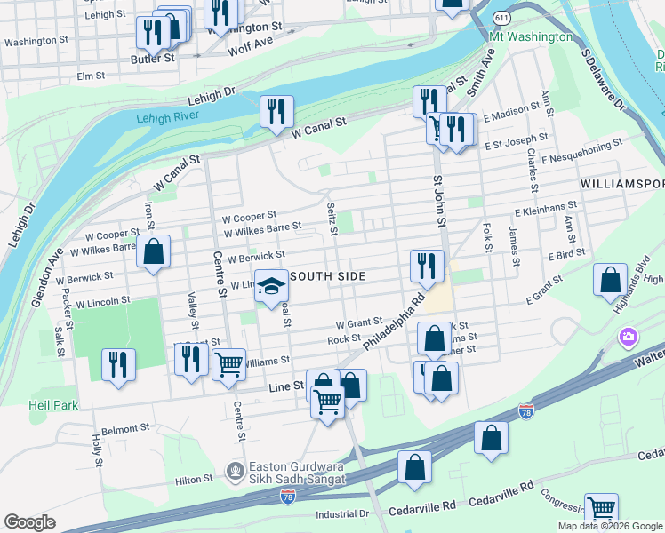 map of restaurants, bars, coffee shops, grocery stores, and more near 422 West Berwick Street in Easton