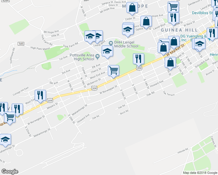 map of restaurants, bars, coffee shops, grocery stores, and more near 1620 West Norwegian Street in Pottsville