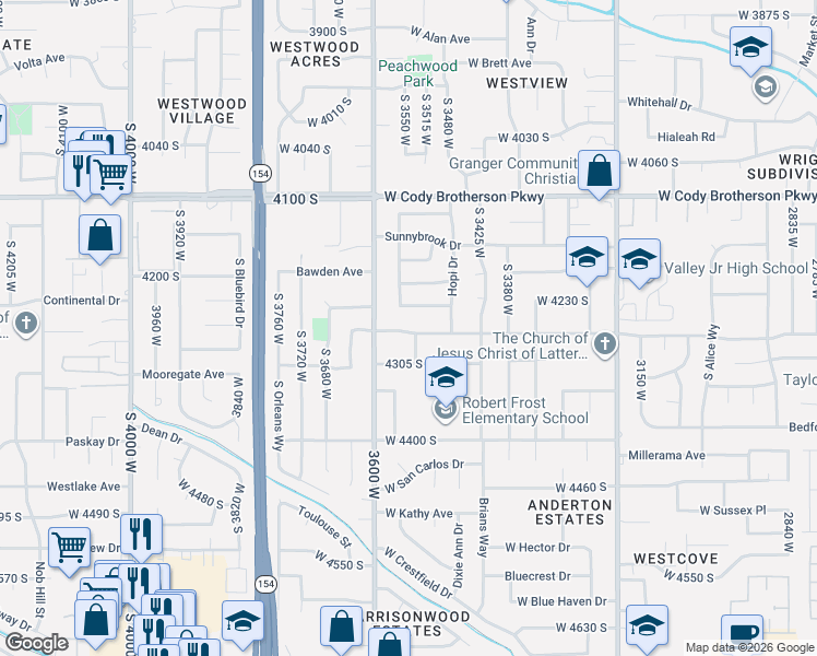 map of restaurants, bars, coffee shops, grocery stores, and more near 3544 West Meadowbrook Drive in West Valley City