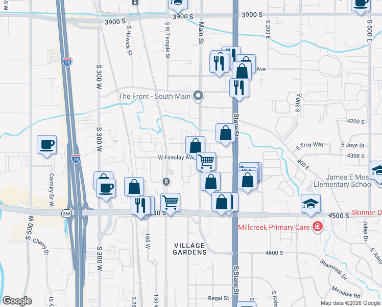 map of restaurants, bars, coffee shops, grocery stores, and more near 4276 South Main Street in Murray