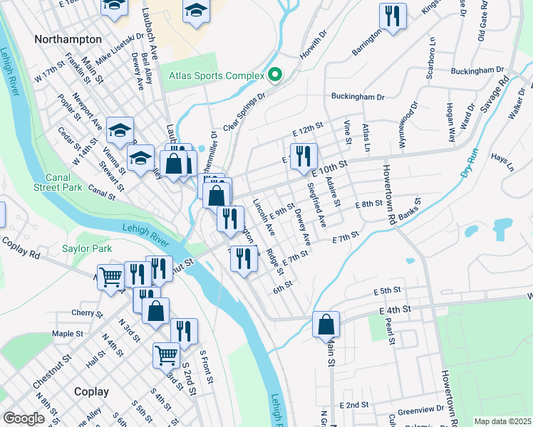 map of restaurants, bars, coffee shops, grocery stores, and more near 907 Lincoln Avenue in Northampton