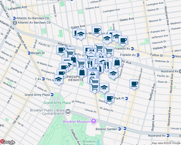 map of restaurants, bars, coffee shops, grocery stores, and more near 751 Bergen Street in Brooklyn