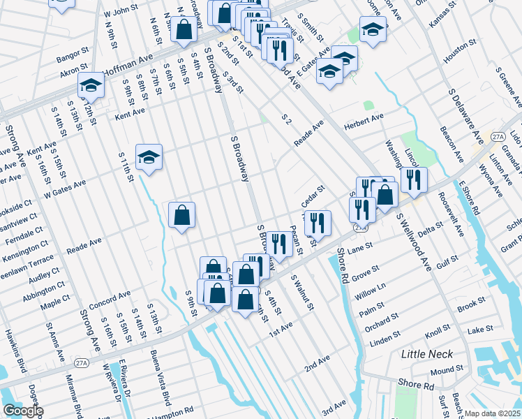 map of restaurants, bars, coffee shops, grocery stores, and more near 466 South Broadway in Lindenhurst
