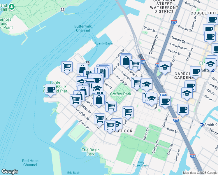 map of restaurants, bars, coffee shops, grocery stores, and more near 102 Pioneer Street in Brooklyn