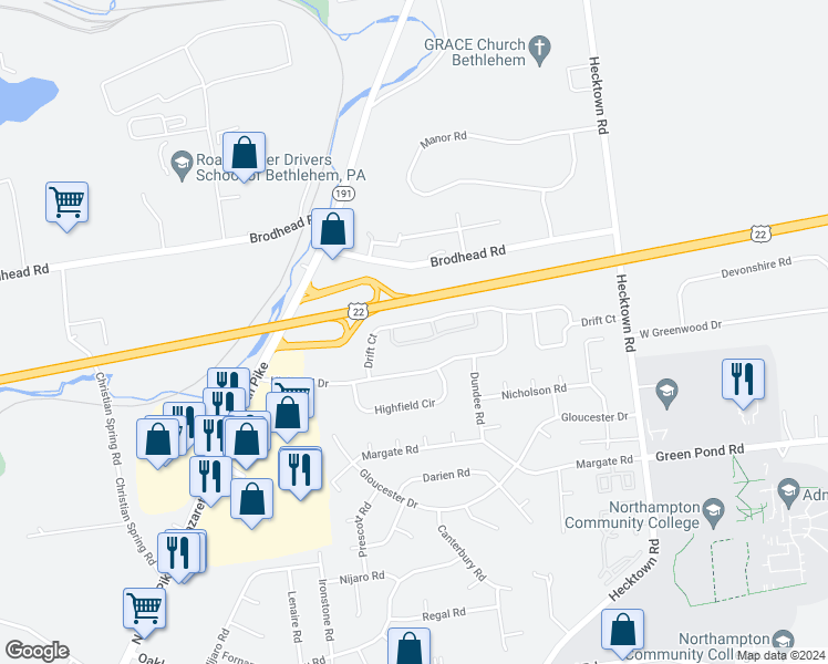 map of restaurants, bars, coffee shops, grocery stores, and more near 1705 Briarwood Drive in Bethlehem