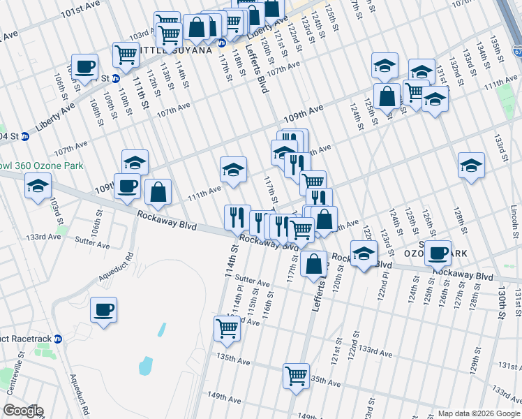 map of restaurants, bars, coffee shops, grocery stores, and more near 116-19 Linden Boulevard in Queens