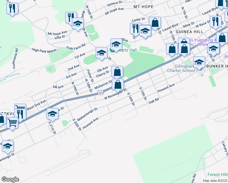 map of restaurants, bars, coffee shops, grocery stores, and more near 12 North 17th Street in Pottsville