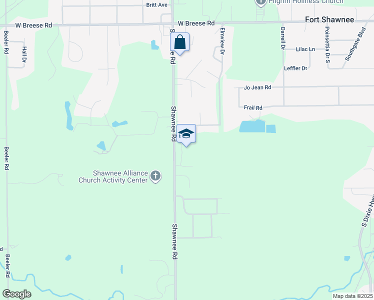 map of restaurants, bars, coffee shops, grocery stores, and more near 4295 Shawnee Road in Lima