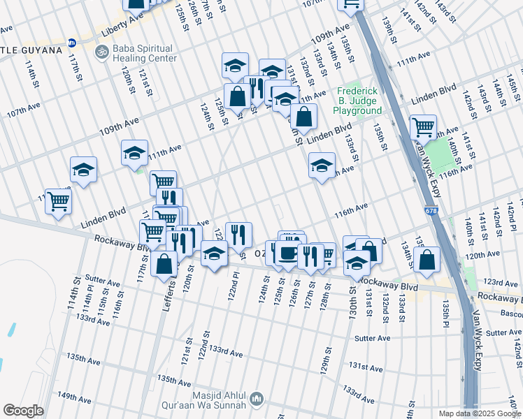 map of restaurants, bars, coffee shops, grocery stores, and more near 115-11 125th Street in Queens