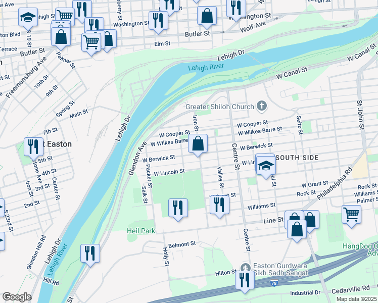 map of restaurants, bars, coffee shops, grocery stores, and more near 927 West Berwick Street in Easton