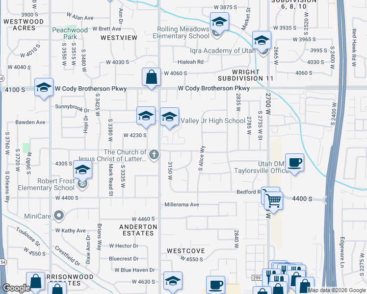 map of restaurants, bars, coffee shops, grocery stores, and more near 3090 Winchester Drive in West Valley City