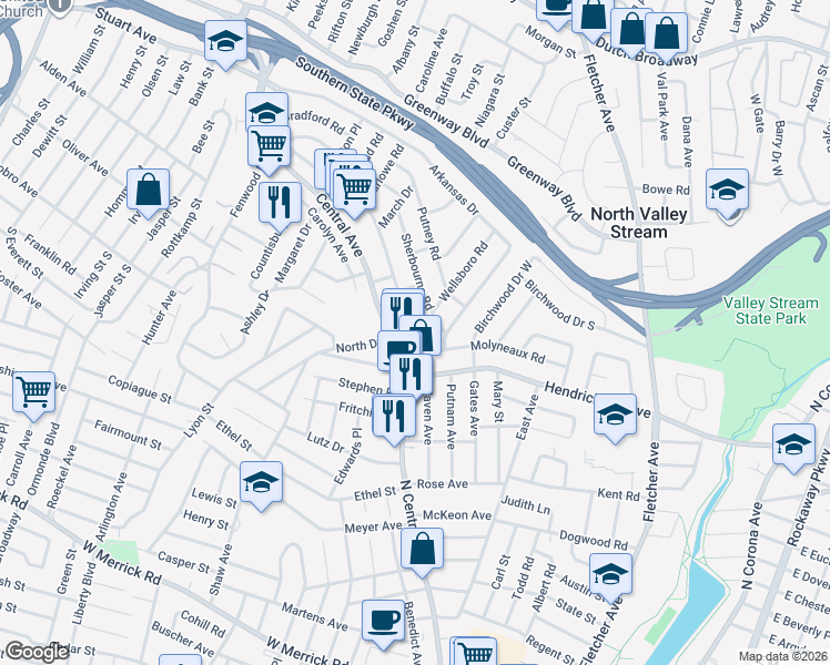 map of restaurants, bars, coffee shops, grocery stores, and more near 955 Salem Road in Valley Stream