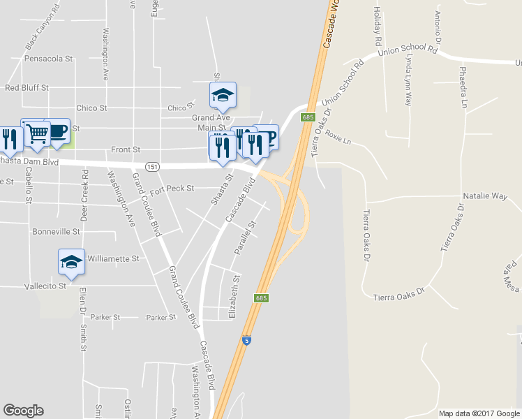 map of restaurants, bars, coffee shops, grocery stores, and more near 1810 Parallel Street in Shasta Lake