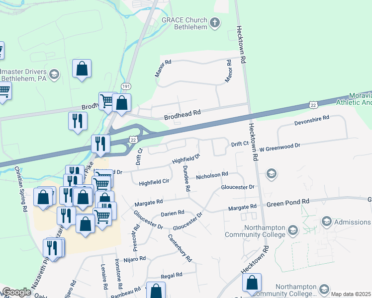 map of restaurants, bars, coffee shops, grocery stores, and more near 906 Briarwood Drive in Bethlehem