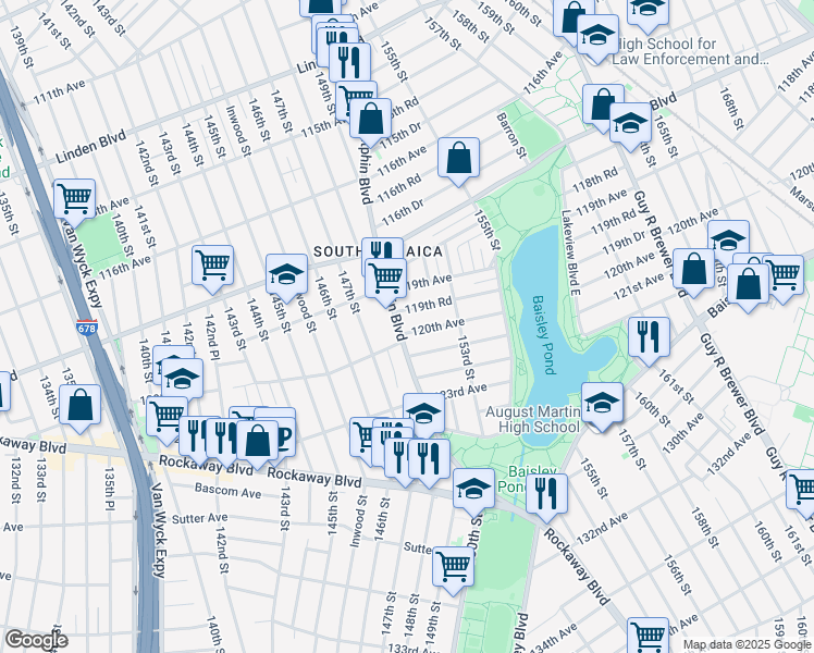 map of restaurants, bars, coffee shops, grocery stores, and more near 119-41 Sutphin Boulevard in Queens