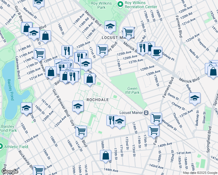 map of restaurants, bars, coffee shops, grocery stores, and more near 130th Avenue & Bedell Street in Queens