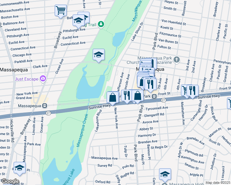 map of restaurants, bars, coffee shops, grocery stores, and more near 9 Jefferson Avenue in Massapequa Park