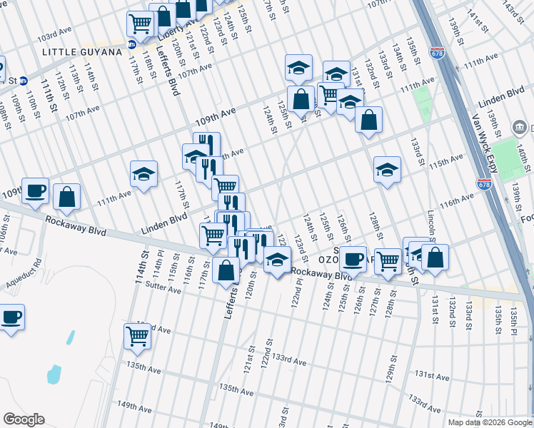 map of restaurants, bars, coffee shops, grocery stores, and more near 114-42 122nd Street in Queens