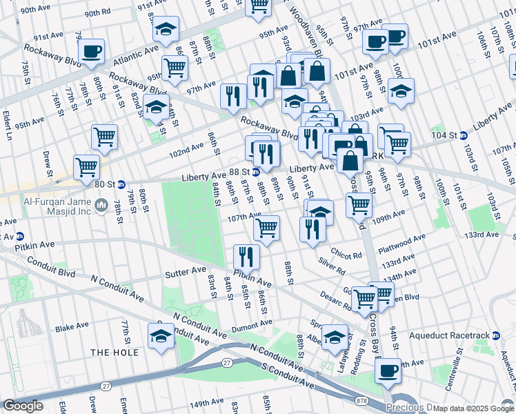 map of restaurants, bars, coffee shops, grocery stores, and more near 105-50 87th Street in Queens