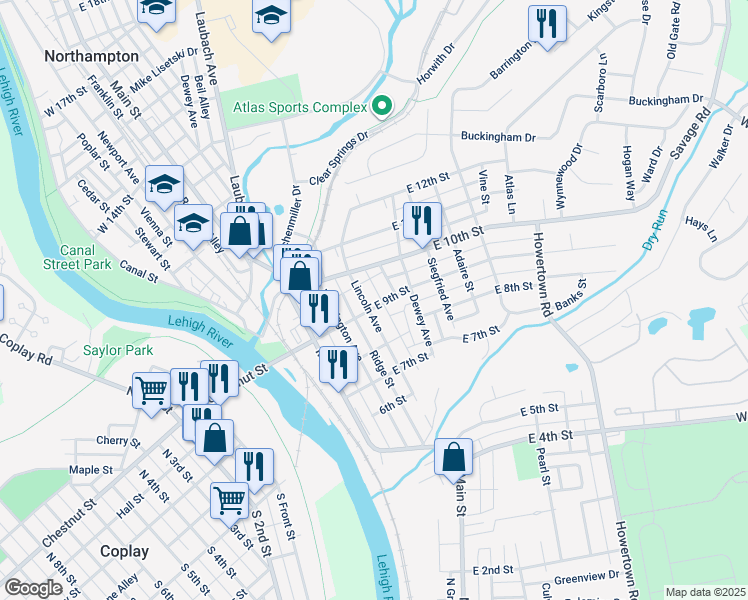 map of restaurants, bars, coffee shops, grocery stores, and more near 907 Lincoln Avenue in Northampton
