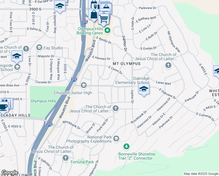 map of restaurants, bars, coffee shops, grocery stores, and more near 4294 South Fortuna Way in Salt Lake City
