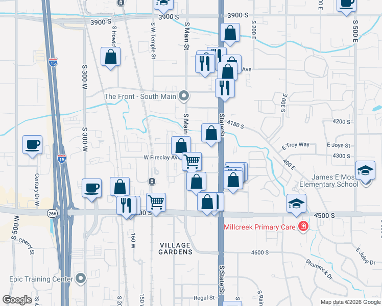 map of restaurants, bars, coffee shops, grocery stores, and more near 4277 South Main Street in Murray