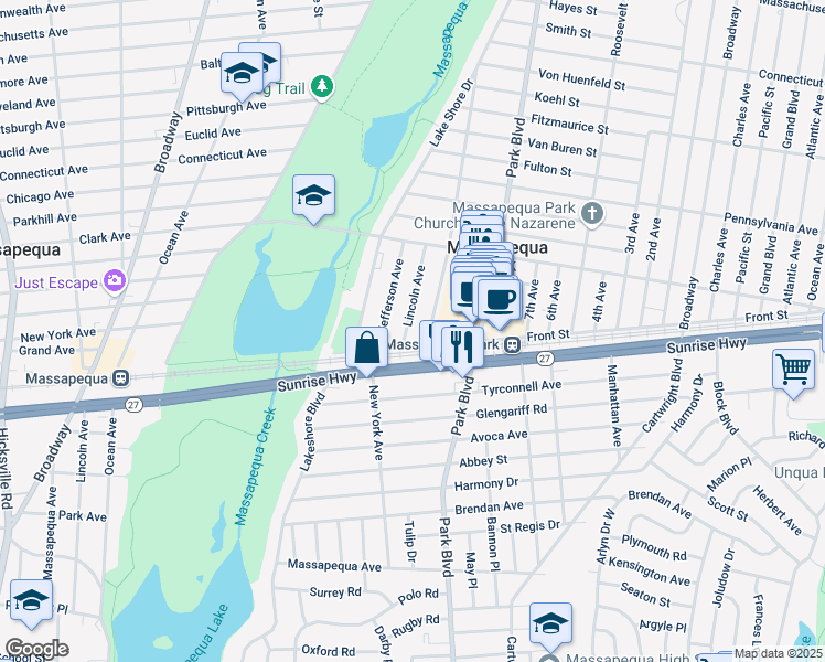 map of restaurants, bars, coffee shops, grocery stores, and more near 10 Mayflower Avenue in Massapequa Park