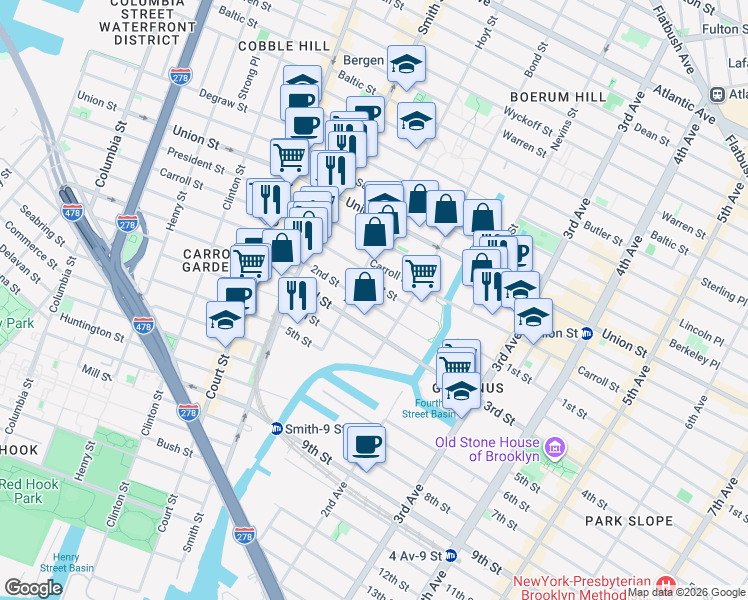 map of restaurants, bars, coffee shops, grocery stores, and more near 30 1st Street in Brooklyn