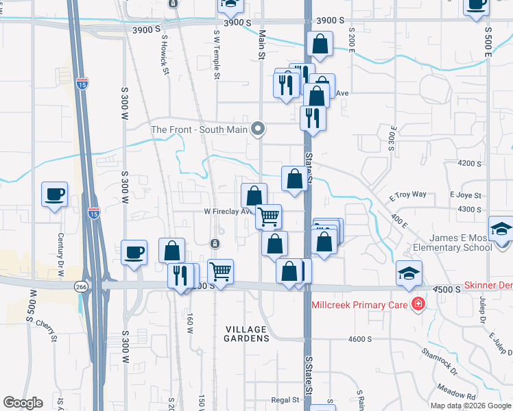 map of restaurants, bars, coffee shops, grocery stores, and more near 4276 South Main Street in Murray