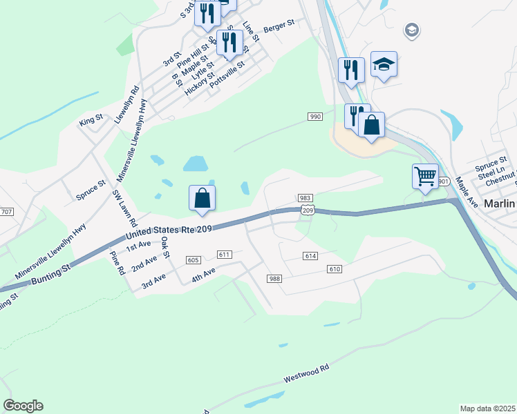 map of restaurants, bars, coffee shops, grocery stores, and more near 1457 Bunting Street in Pottsville