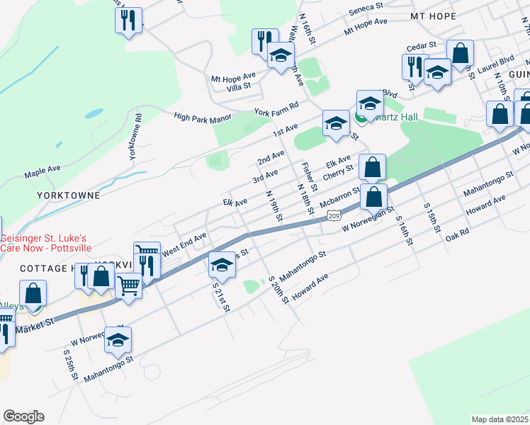 map of restaurants, bars, coffee shops, grocery stores, and more near 1916 West End Avenue in Pottsville