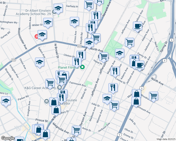 map of restaurants, bars, coffee shops, grocery stores, and more near 659-671 Pennsylvania Avenue in Elizabeth