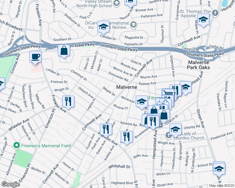 map of restaurants, bars, coffee shops, grocery stores, and more near 25 Clifford Court in Malverne