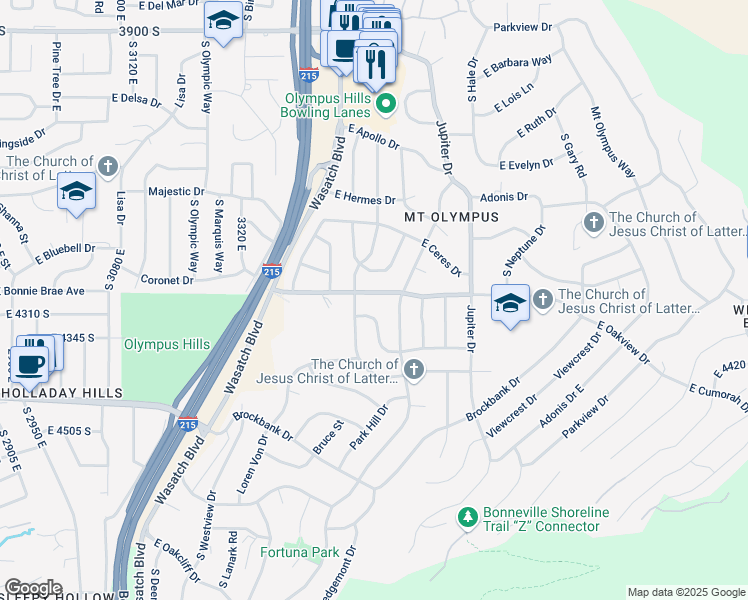 map of restaurants, bars, coffee shops, grocery stores, and more near 3550 East Oakview Drive in Salt Lake City