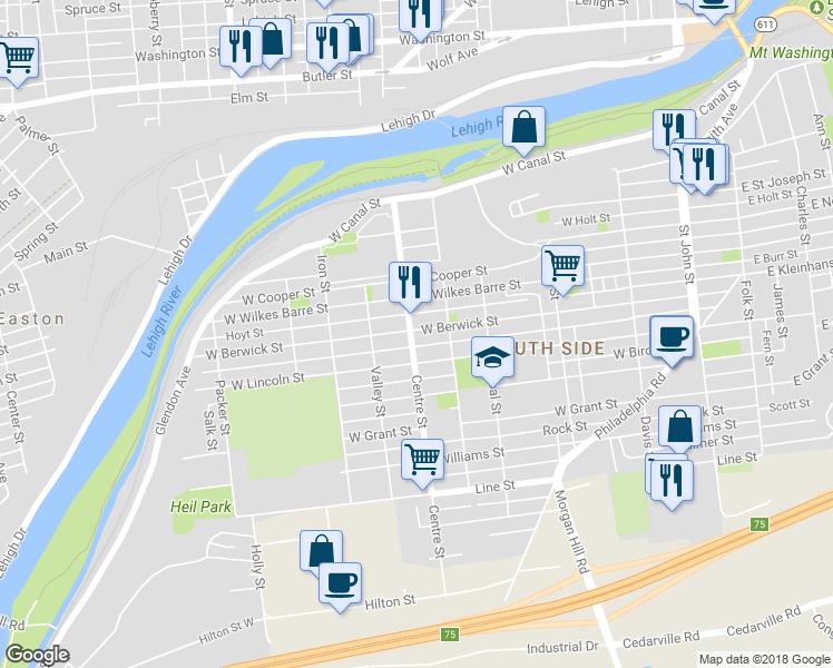 map of restaurants, bars, coffee shops, grocery stores, and more near 648 West Berwick Street in Easton