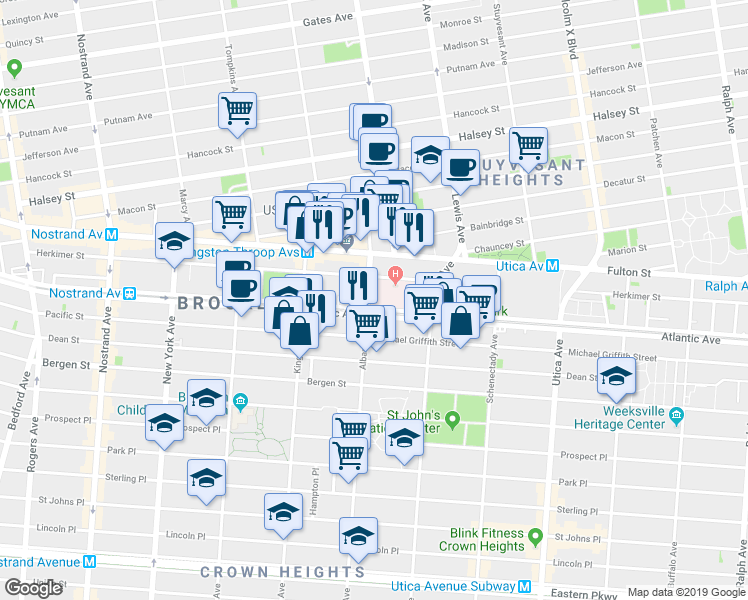 map of restaurants, bars, coffee shops, grocery stores, and more near 79 Albany Avenue in Brooklyn