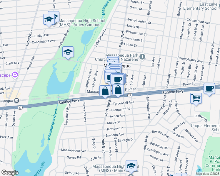 map of restaurants, bars, coffee shops, grocery stores, and more near 1000 Park Boulevard in Massapequa Park