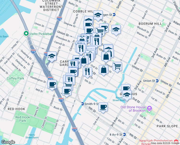 map of restaurants, bars, coffee shops, grocery stores, and more near 21 3rd Street in Brooklyn
