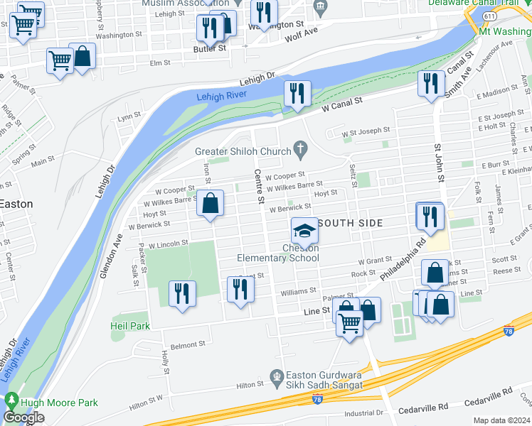 map of restaurants, bars, coffee shops, grocery stores, and more near 648 West Berwick Street in Easton
