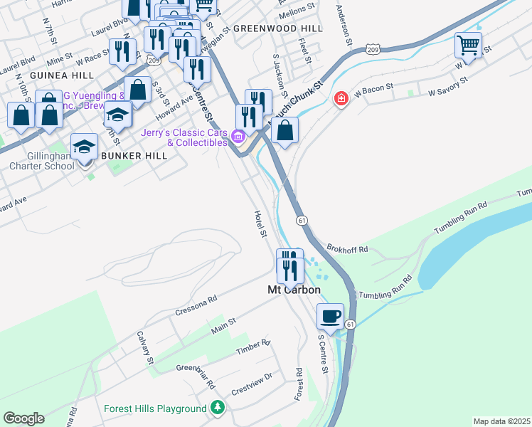map of restaurants, bars, coffee shops, grocery stores, and more near 563 South Centre Street in Pottsville