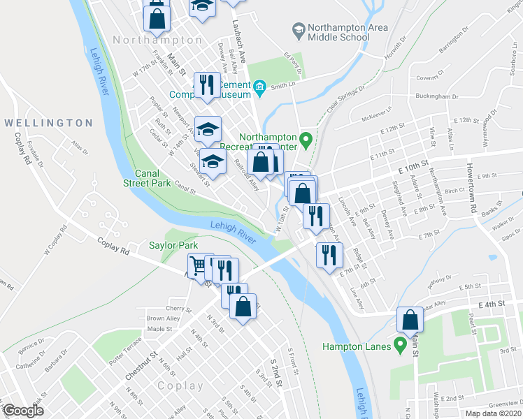 map of restaurants, bars, coffee shops, grocery stores, and more near 1249 Newport Avenue in Northampton