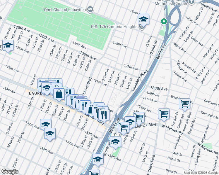 map of restaurants, bars, coffee shops, grocery stores, and more near 232-1 131st Avenue in Queens