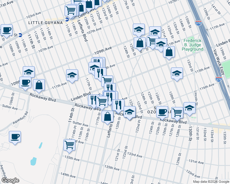 map of restaurants, bars, coffee shops, grocery stores, and more near 114-14 120th Street in Queens