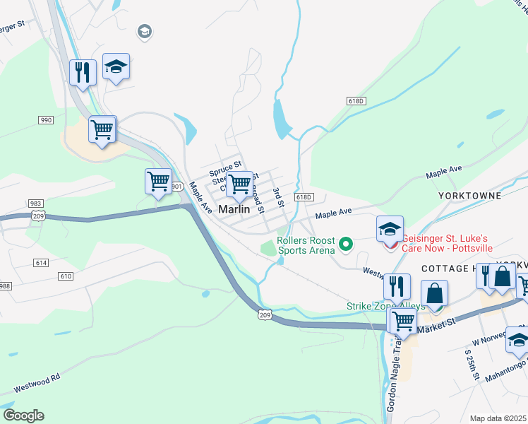 map of restaurants, bars, coffee shops, grocery stores, and more near 401 Walnut Street in Lehighton