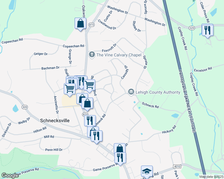 map of restaurants, bars, coffee shops, grocery stores, and more near 5224 Shawnee Boulevard in Schnecksville