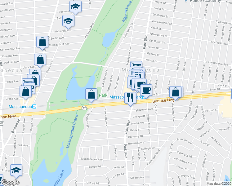 map of restaurants, bars, coffee shops, grocery stores, and more near 5 Lincoln Avenue in Massapequa Park