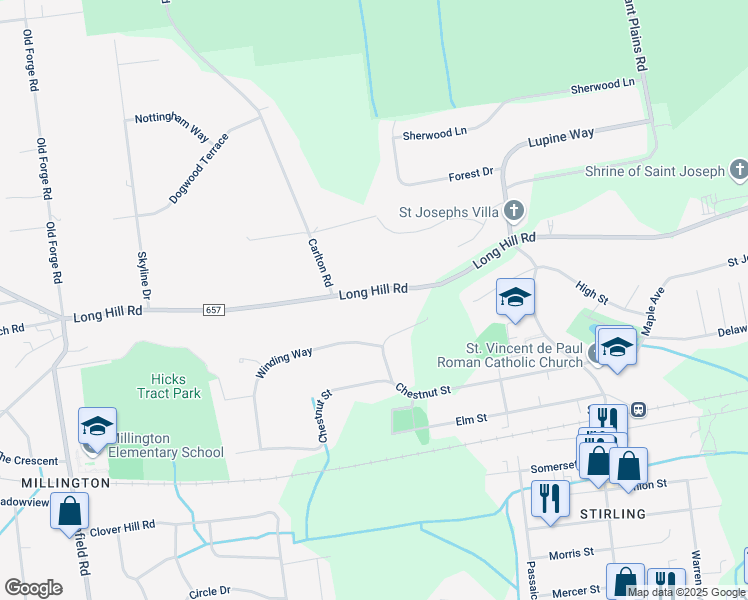 map of restaurants, bars, coffee shops, grocery stores, and more near 1445 Long Hill Road in Long Hill