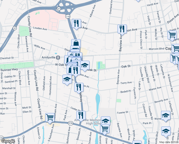 map of restaurants, bars, coffee shops, grocery stores, and more near 59 Oak Street in Amityville